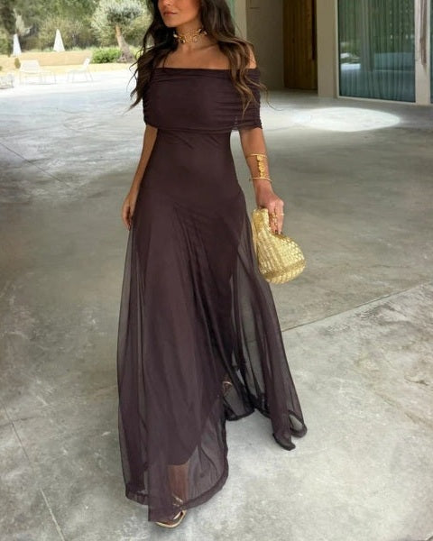 Women’s Off-Shoulder Draped Maxi Dress – Fluid Silhouette for Summer Evenings and Events