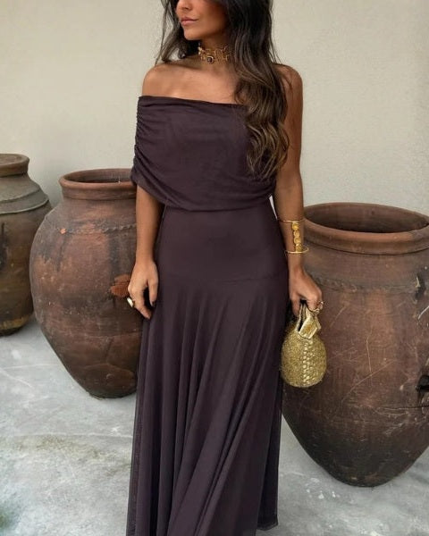 Women’s Off-Shoulder Draped Maxi Dress – Fluid Silhouette for Summer Evenings and Events
