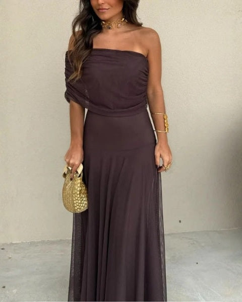 Women’s Off-Shoulder Draped Maxi Dress – Fluid Silhouette for Summer Evenings and Events