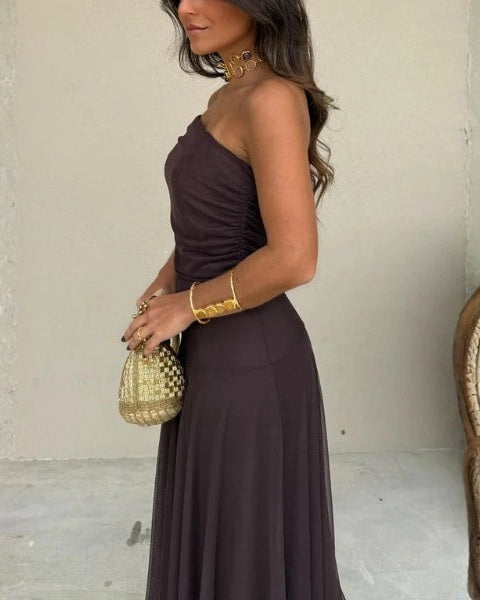Women’s Off-Shoulder Draped Maxi Dress – Fluid Silhouette for Summer Evenings and Events