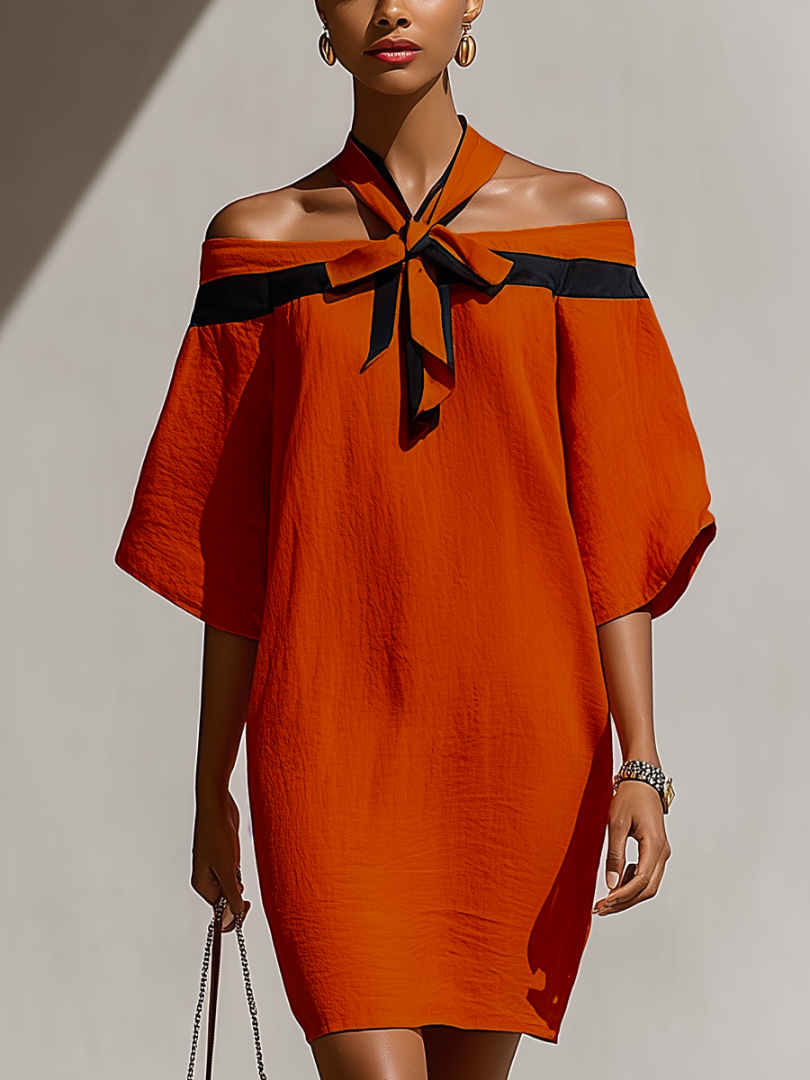 Vestido mini de mujer con hombros descubiertos, detalle de lazo y mangas abullonadas, para ocasiones elegantes