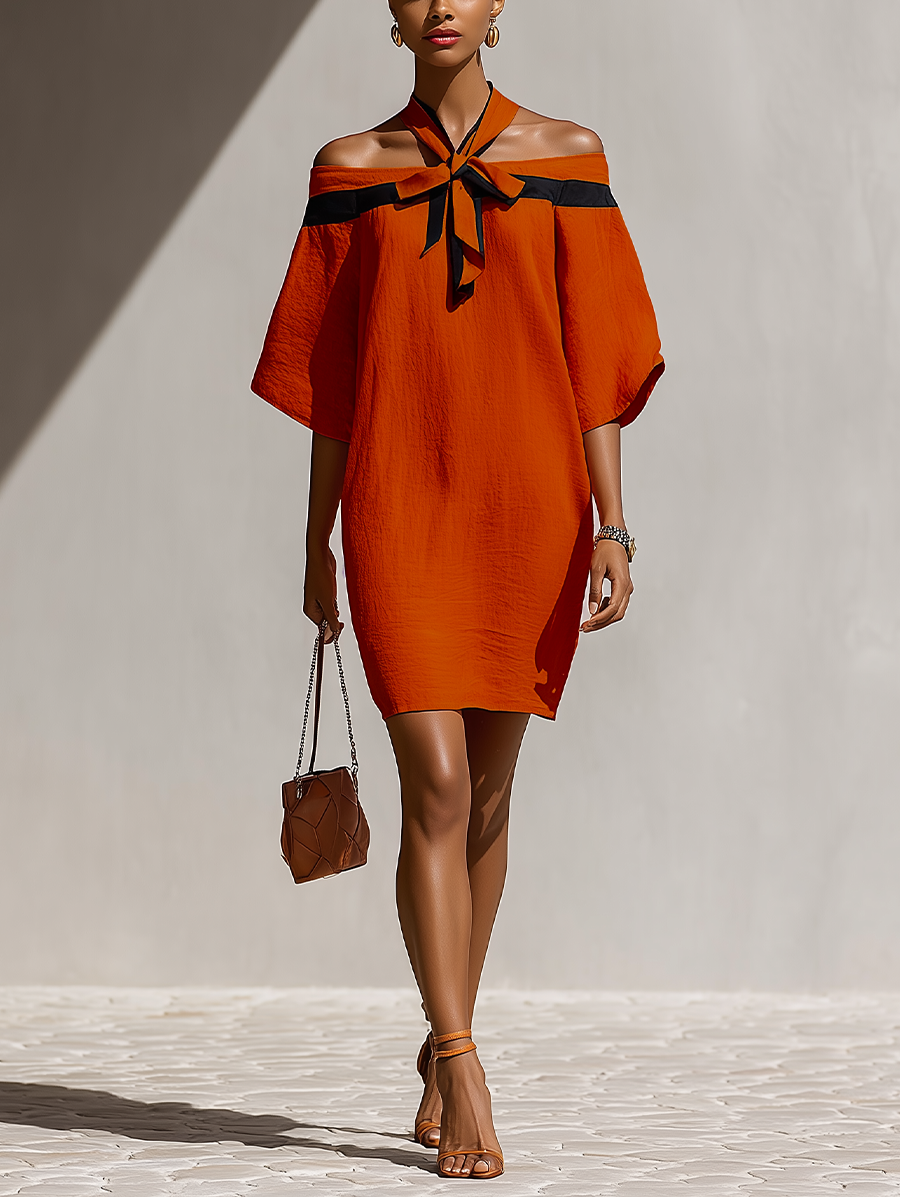 Vestido mini de mujer con hombros descubiertos, detalle de lazo y mangas abullonadas, para ocasiones elegantes