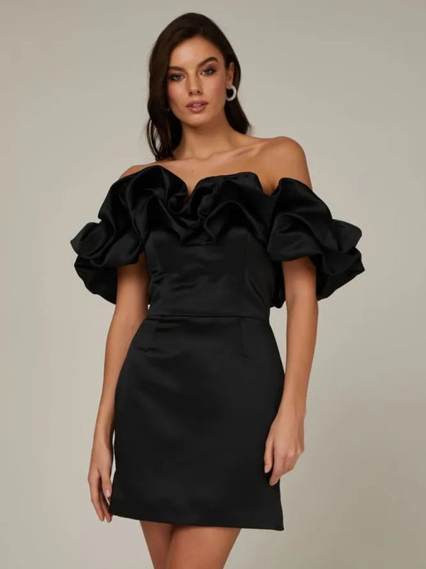 Women’s Off-Shoulder Ruffle Mini Dress – Satin Party Style for Summer Events