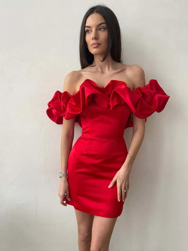 Women’s Off-Shoulder Ruffle Mini Dress – Satin Party Style for Summer Events