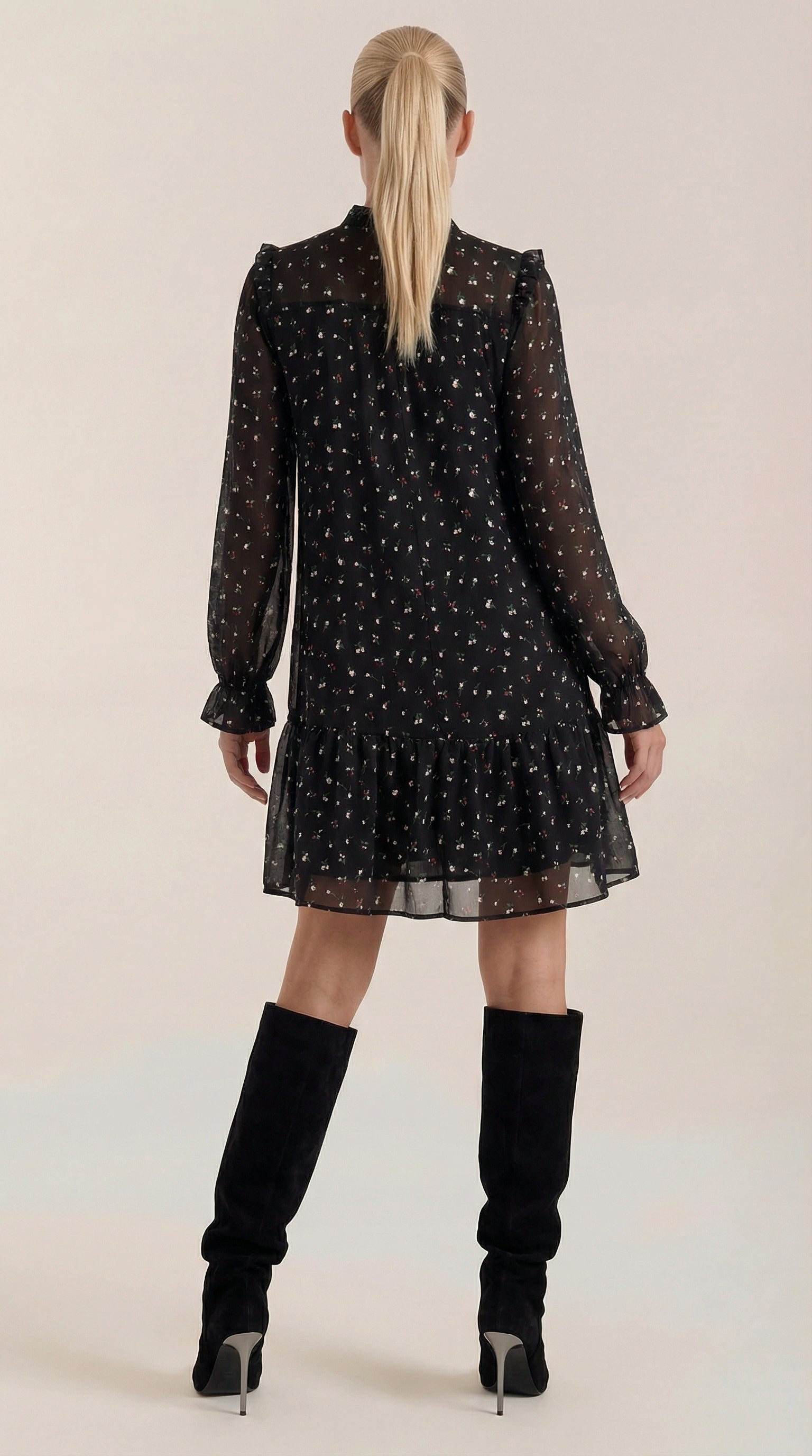 Women’s Chiffon Tie-Neck Mini Dress – Ruffled Autumn Evening Style
