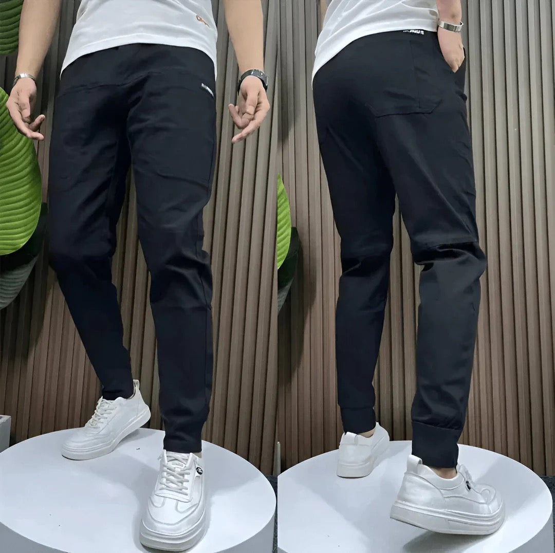 Pánské úzké zúžené cargo tepláky s žebrovaným lemem ve streetwear stylu