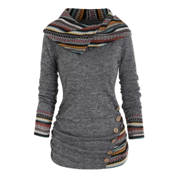 Damesfleece trui met capuchon en tribalprint – Lange trui voor gezellige casual laagjeslooks