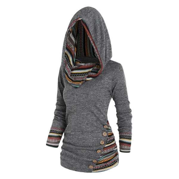 Damesfleece trui met capuchon en tribalprint – Lange trui voor gezellige casual laagjeslooks