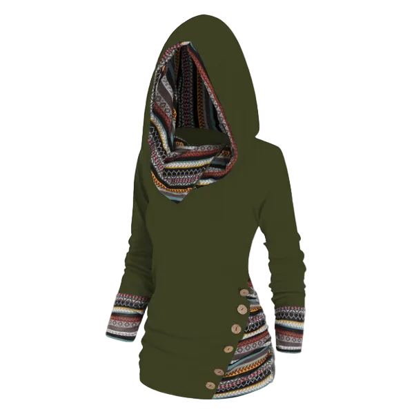 Damesfleece trui met capuchon en tribalprint – Lange trui voor gezellige casual laagjeslooks