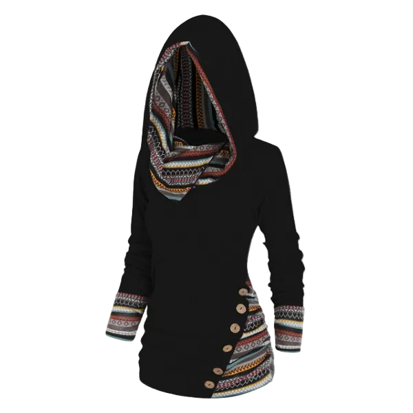 Damesfleece trui met capuchon en tribalprint – Lange trui voor gezellige casual laagjeslooks