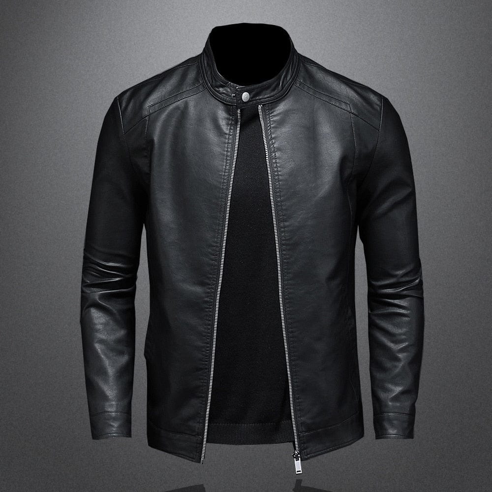 Men’s Faux-Leather Band-Collar Jacket – Clean Everyday Layer for Smart Casual Wear