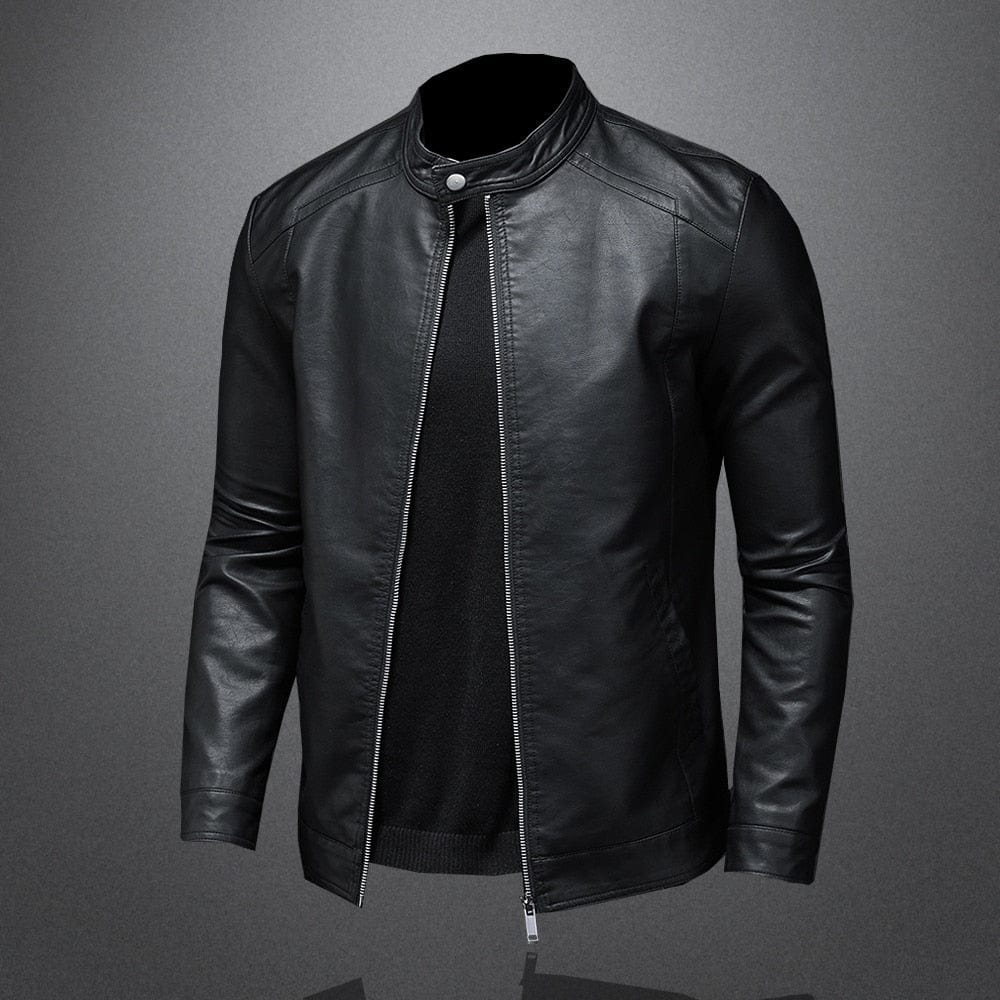 Men’s Faux-Leather Band-Collar Jacket – Clean Everyday Layer for Smart Casual Wear