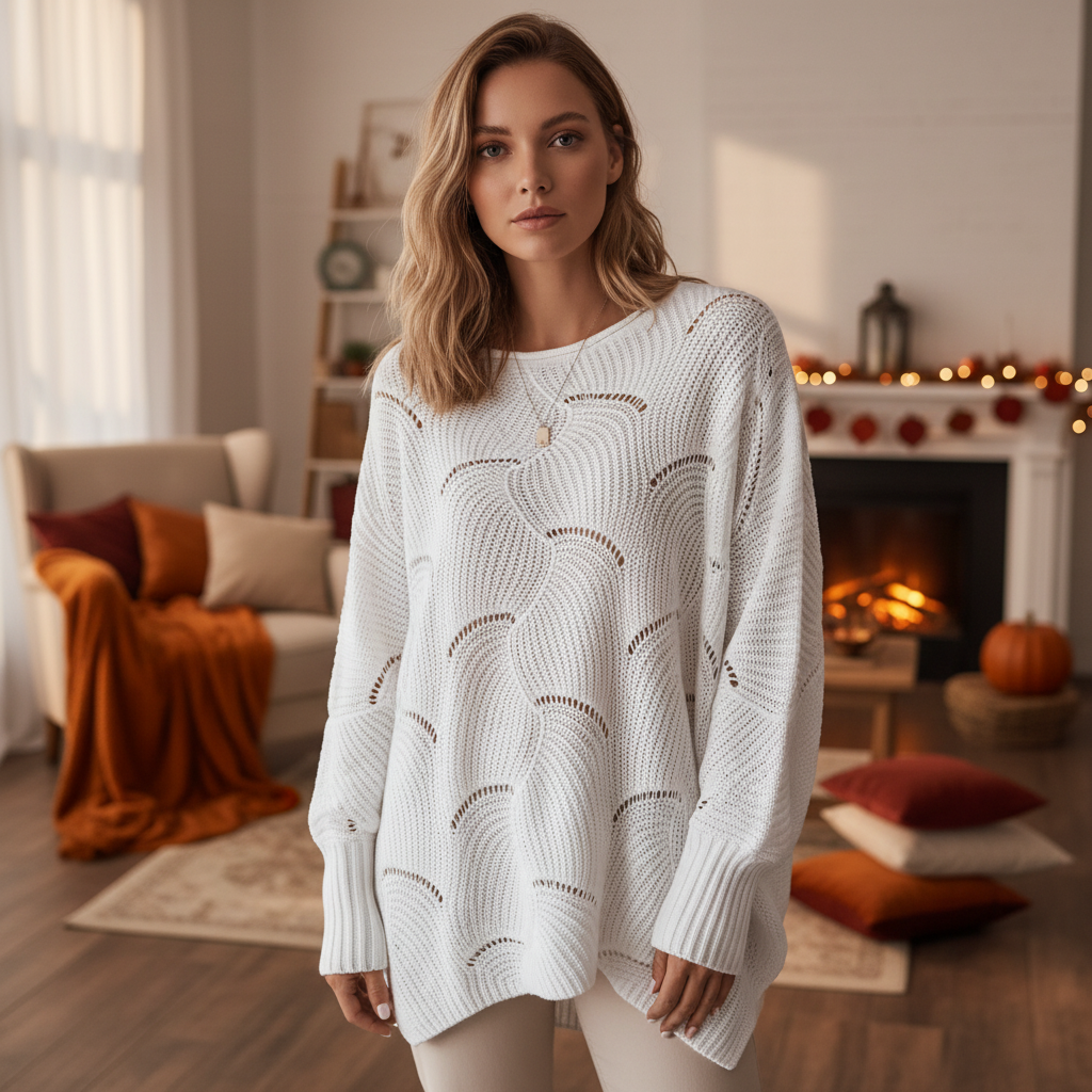 Dameoversized åben strikket sweater med draperet asymmetrisk kant