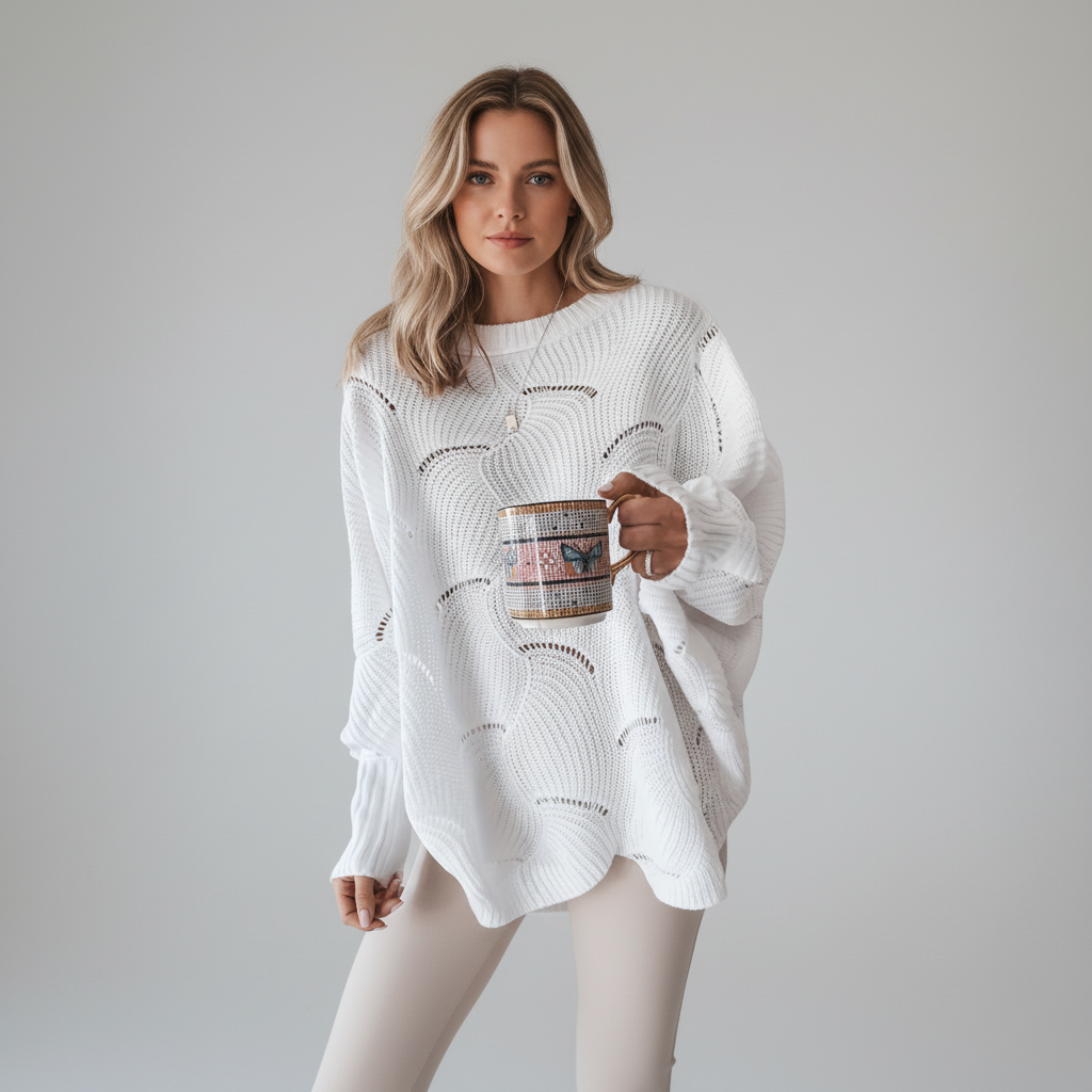 Dameoversized åben strikket sweater med draperet asymmetrisk kant