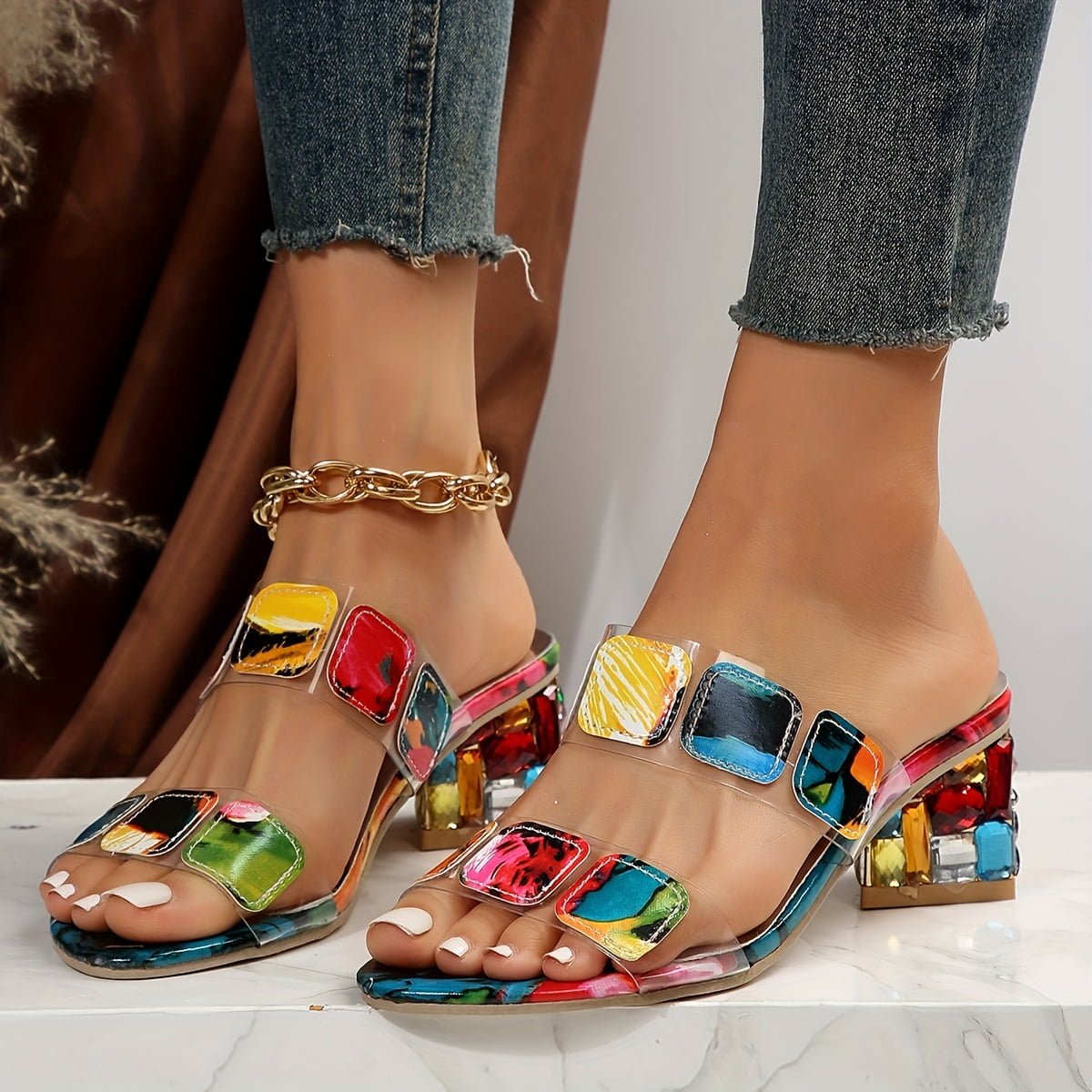 Women’s Printed Slide Sandals – 7 cm Transparent Block-Heel Shoes for Summer Parties