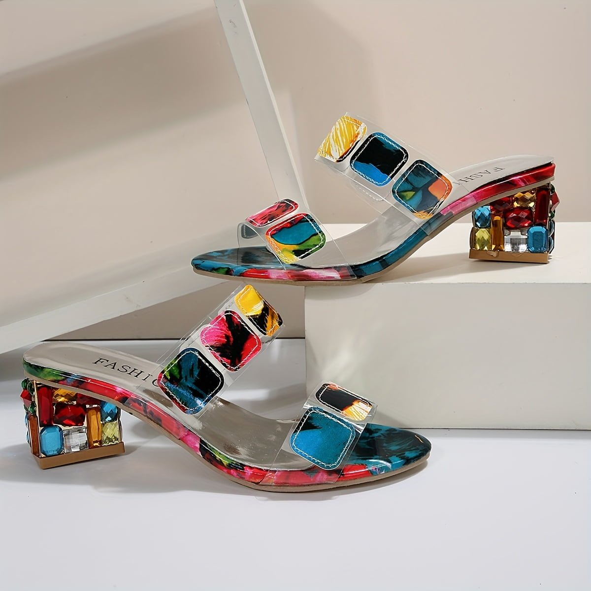 Women’s Printed Slide Sandals – 7 cm Transparent Block-Heel Shoes for Summer Parties