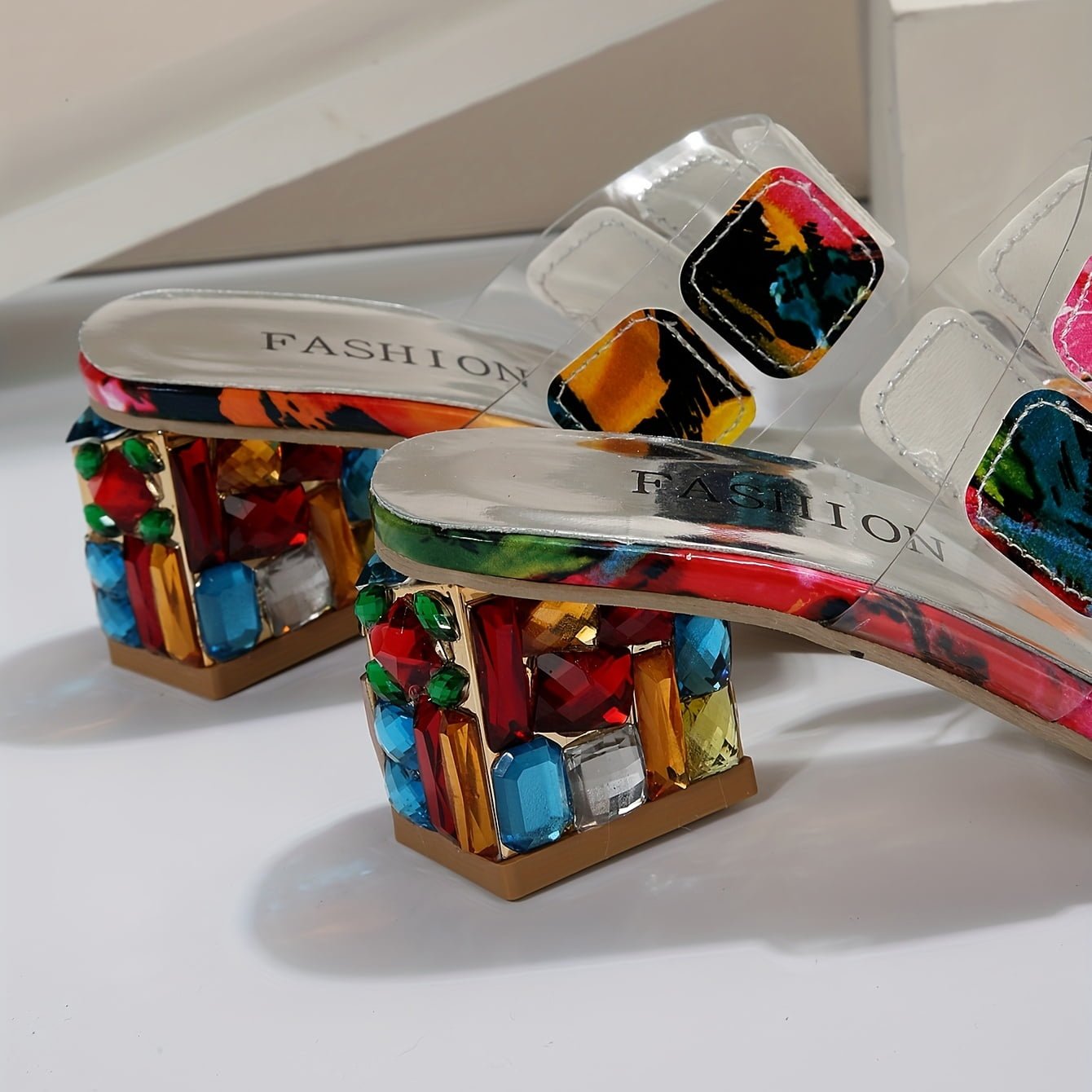 Women’s Printed Slide Sandals – 7 cm Transparent Block-Heel Shoes for Summer Parties