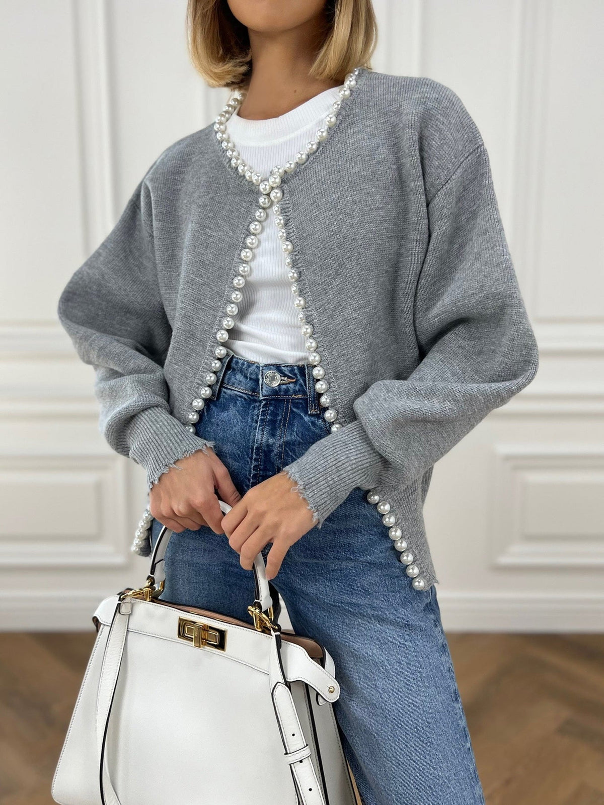 Elegant gebreid damesvest met parelversiering en ribmanchetten - losvallend vest met open voorkant voor chic-casual kleding in de herfst en winter