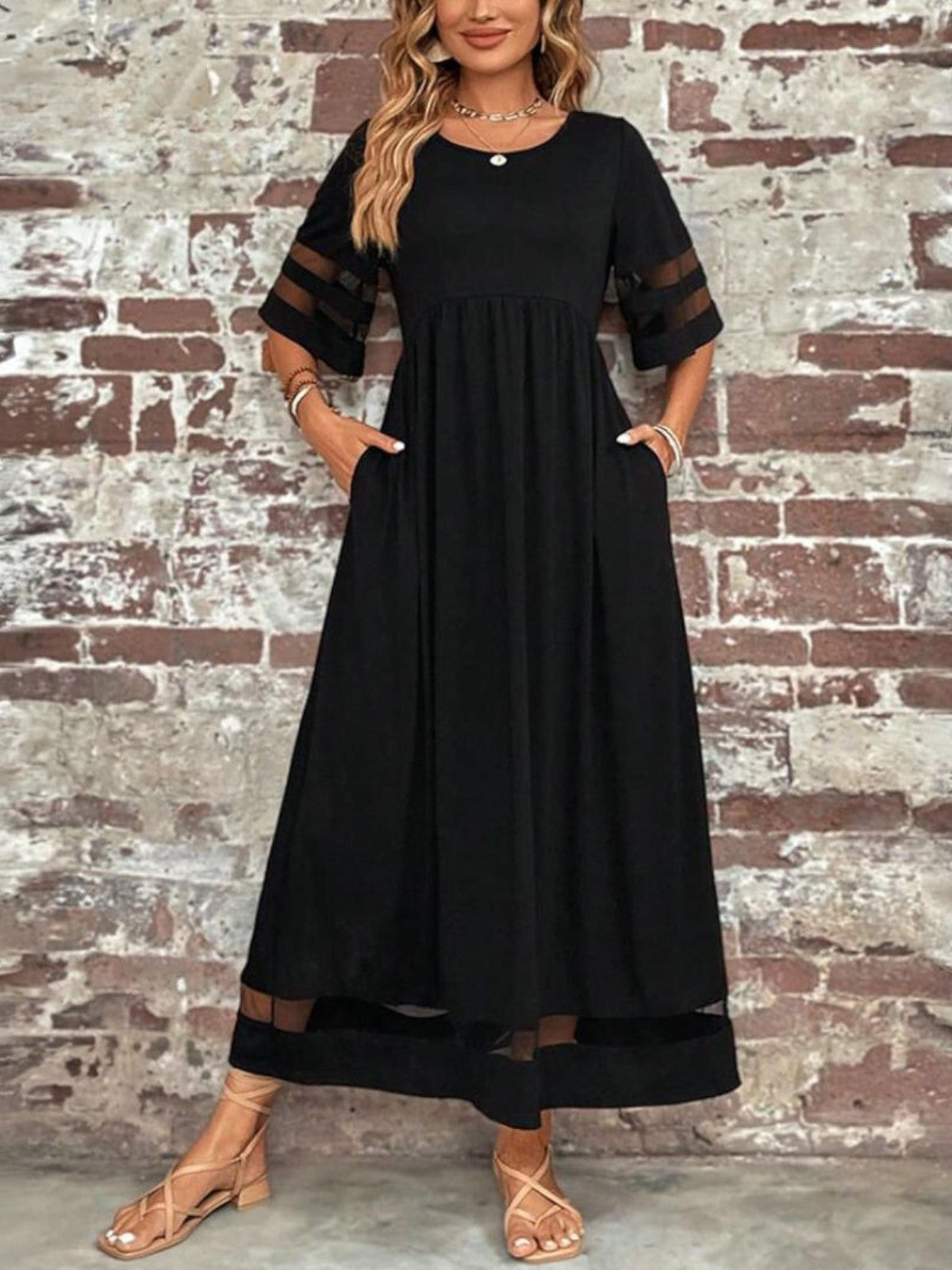 Women’s Sheer Panel Maxi Dress – Short Sleeve Summer Dress for Elegant Occasions