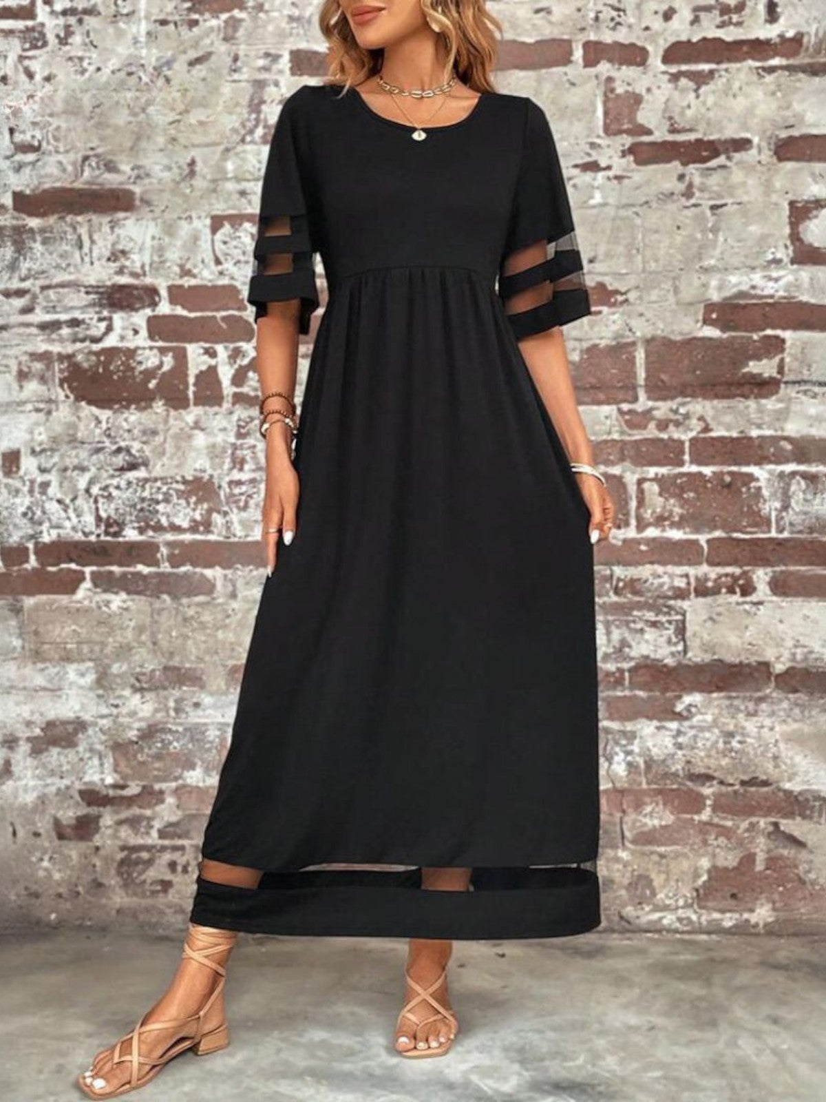 Women’s Sheer Panel Maxi Dress – Short Sleeve Summer Dress for Elegant Occasions