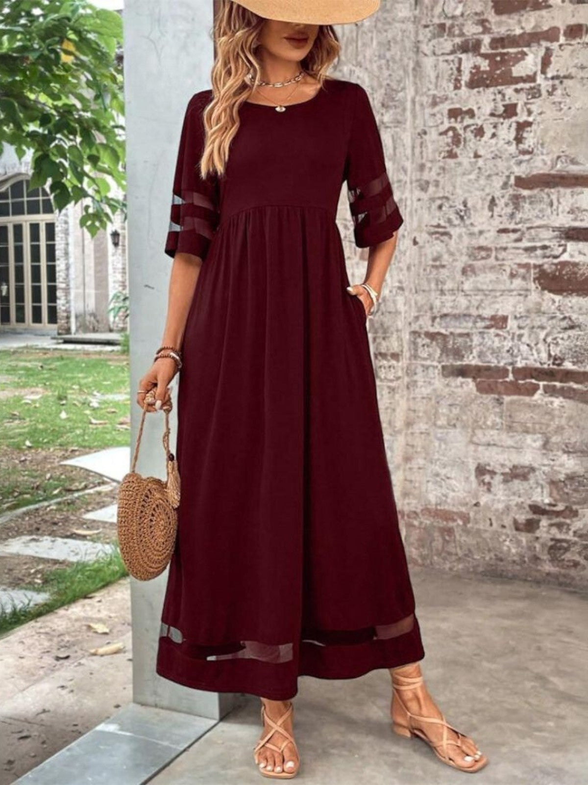 Women’s Sheer Panel Maxi Dress – Short Sleeve Summer Dress for Elegant Occasions