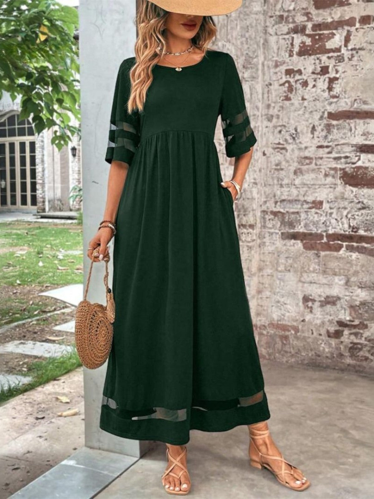 Women’s Sheer Panel Maxi Dress – Short Sleeve Summer Dress for Elegant Occasions