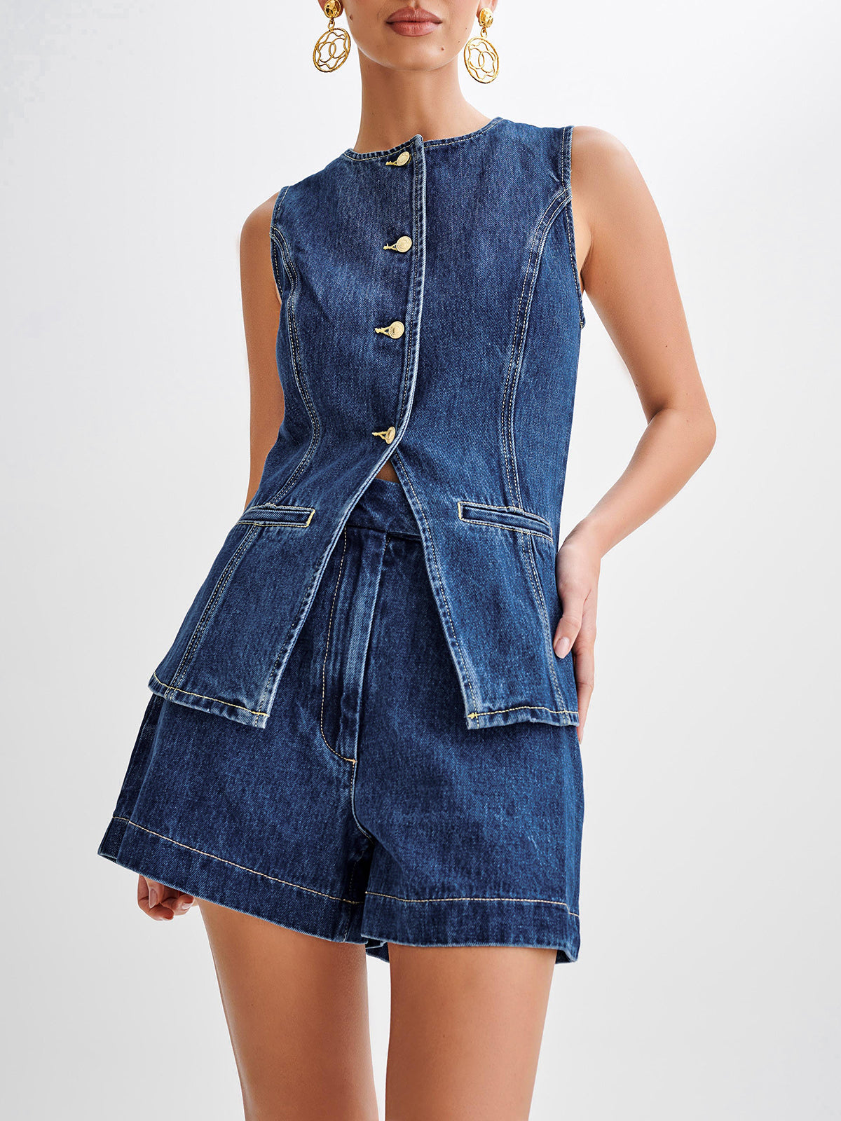 Women’s Sleeveless Denim Vest and Shorts Two-Piece Set