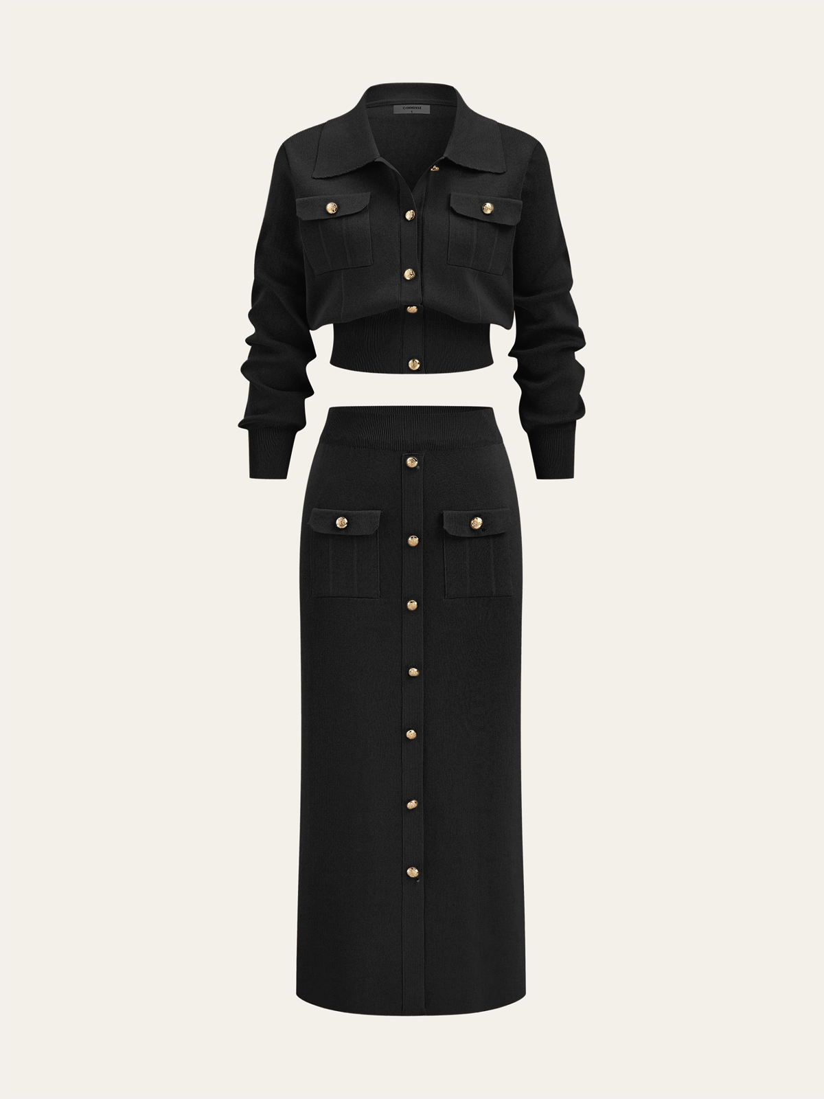 Conjunto de senhora com casaco de malha com gola e saia midi com botões à frente - conjunto elegante de duas peças para o escritório e o outono