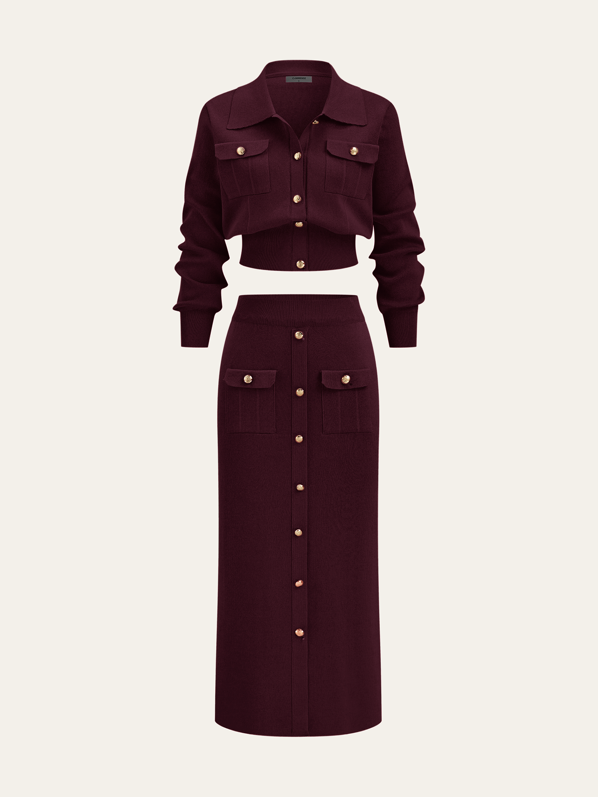 Conjunto de senhora com casaco de malha com gola e saia midi com botões à frente - conjunto elegante de duas peças para o escritório e o outono