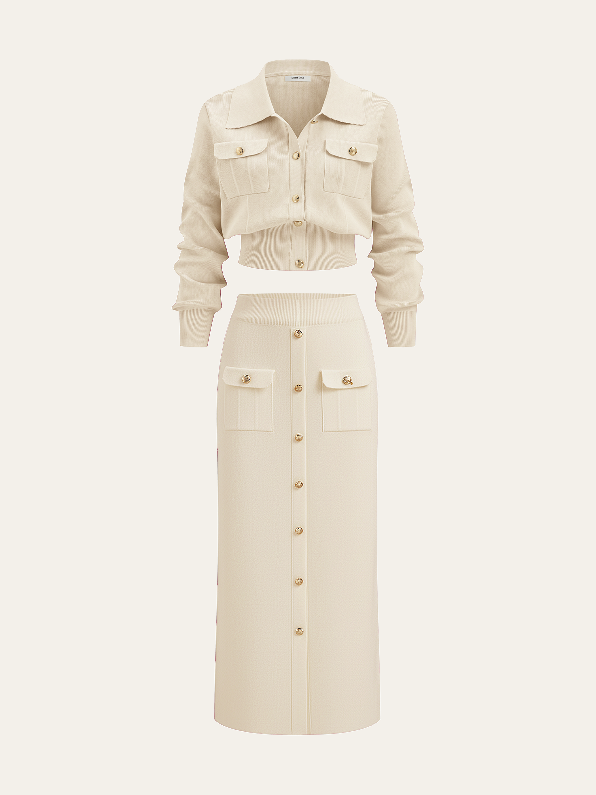 Conjunto de senhora com casaco de malha com gola e saia midi com botões à frente - conjunto elegante de duas peças para o escritório e o outono