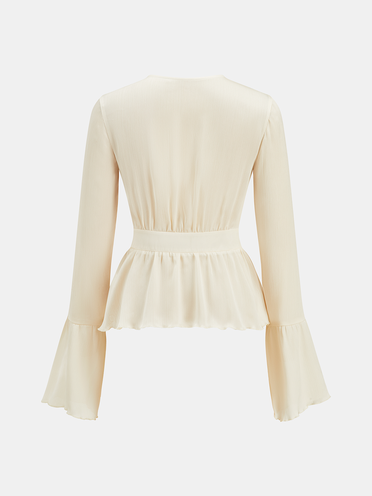 Bluză elegantă peplum, semitransparentă, pentru femei, cu manșete evazate – top texturat cu mâneci lungi și nasturi în față, pentru ținute smart casual și de seară