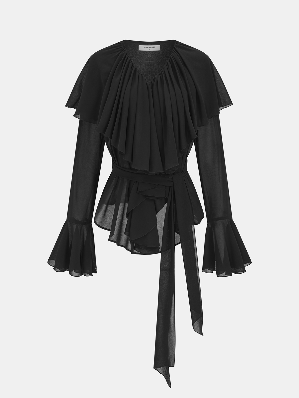 Blusa elegante de gasa con volantes para mujer, cintura con lazo y puños acampanados - Top semitransparente de manga larga para looks de noche e informales elegantes