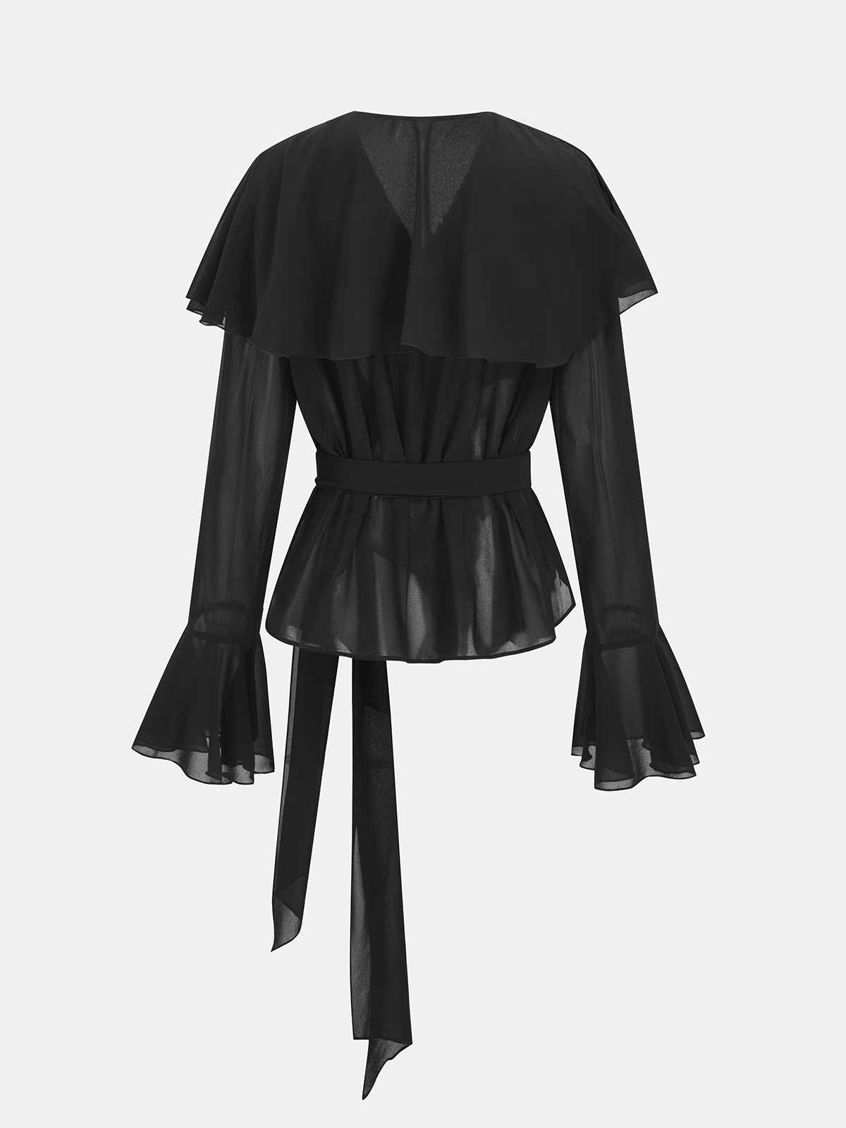 Blusa elegante de gasa con volantes para mujer, cintura con lazo y puños acampanados - Top semitransparente de manga larga para looks de noche e informales elegantes