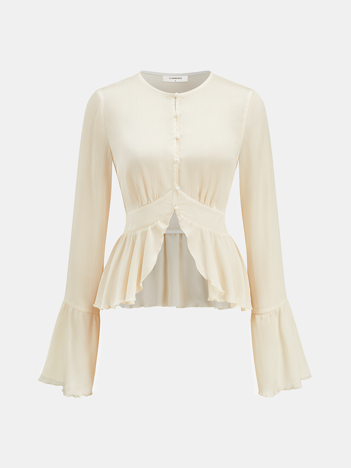 Bluză elegantă peplum, semitransparentă, pentru femei, cu manșete evazate – top texturat cu mâneci lungi și nasturi în față, pentru ținute smart casual și de seară