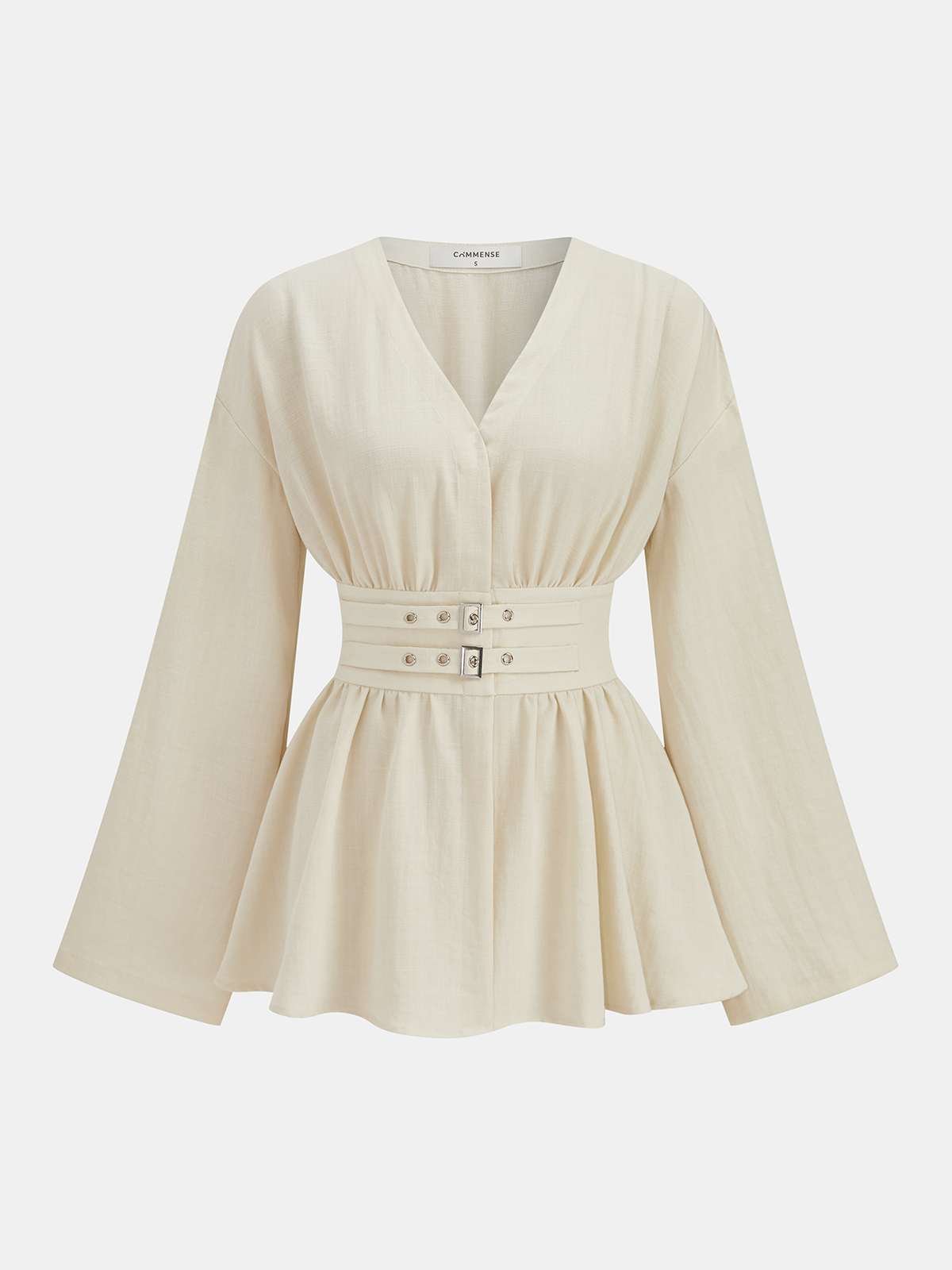 Elegante damesblouse met V-hals, peplum en dubbele gesp in de taille – getailleerde top met lange mouwen voor kantoor en nette casual kleding