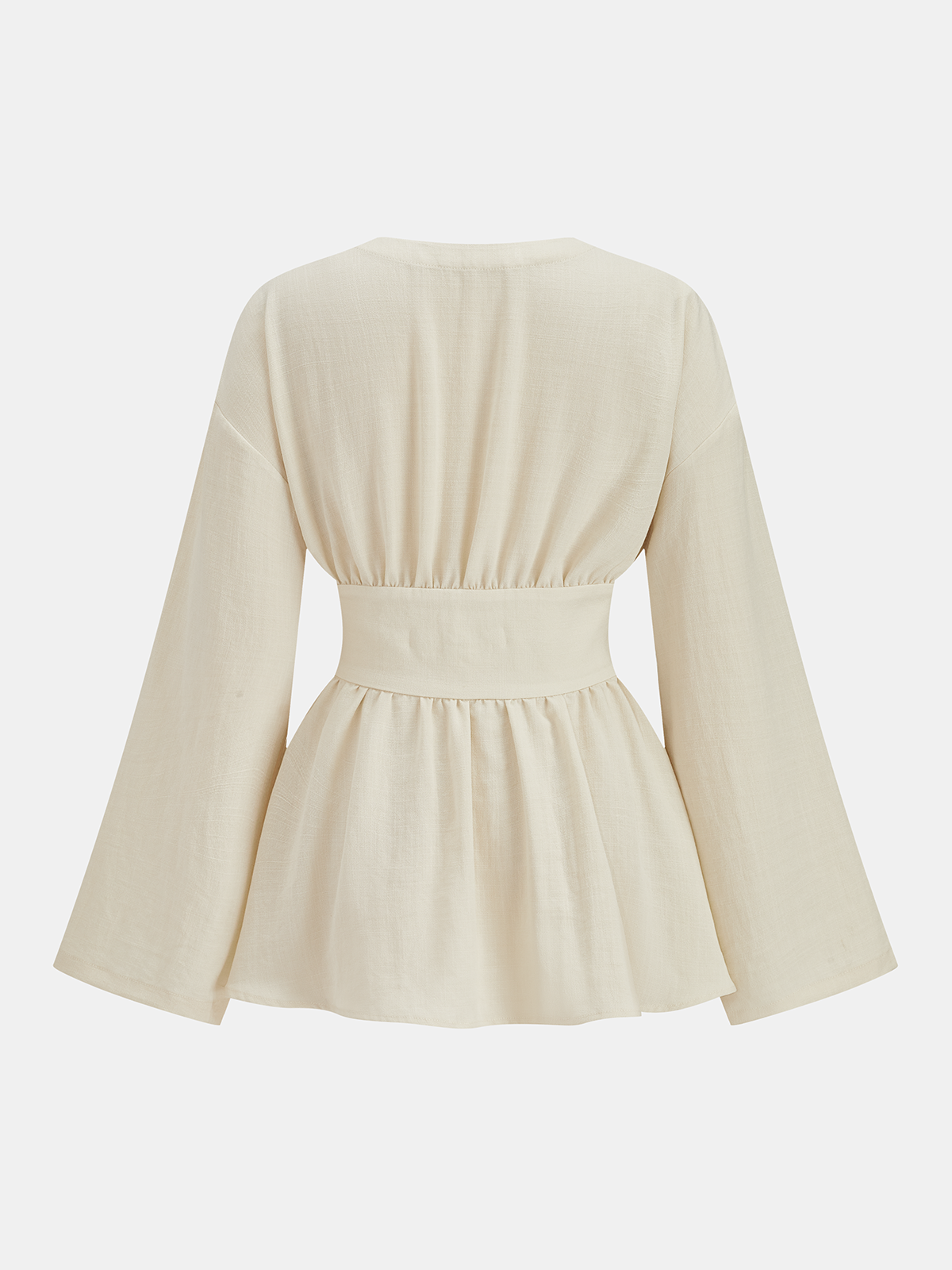 Elegante damesblouse met V-hals, peplum en dubbele gesp in de taille – getailleerde top met lange mouwen voor kantoor en nette casual kleding