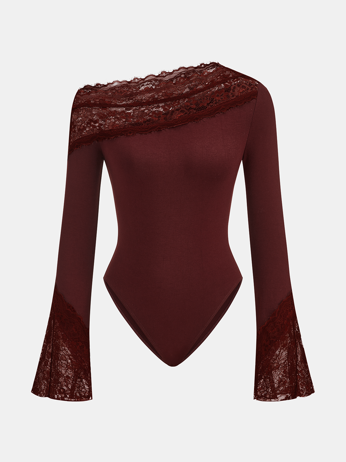 Elegant asymmetrisch damesrompertje met blote schouder en uitlopende kanten mouwen - aansluitende stretchjersey-top voor avondkleding en chic-casual kleding