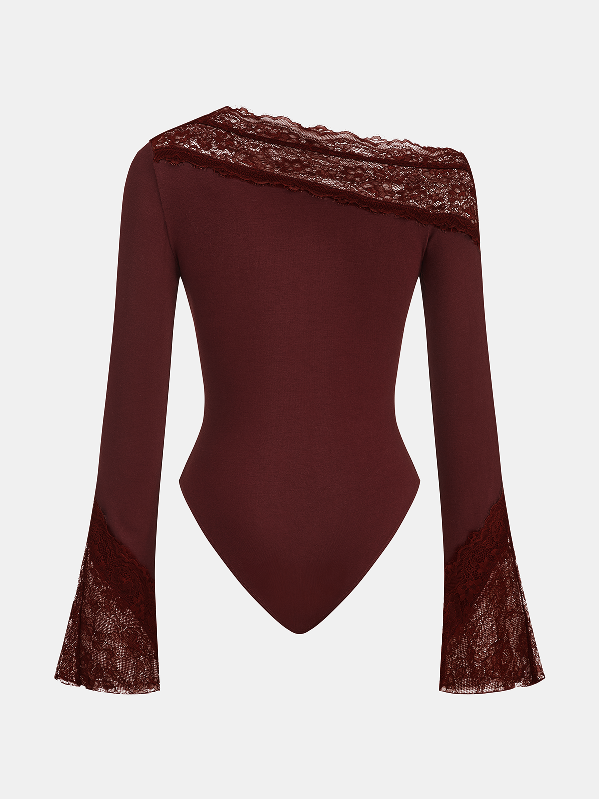 Elegant asymmetrisch damesrompertje met blote schouder en uitlopende kanten mouwen - aansluitende stretchjersey-top voor avondkleding en chic-casual kleding
