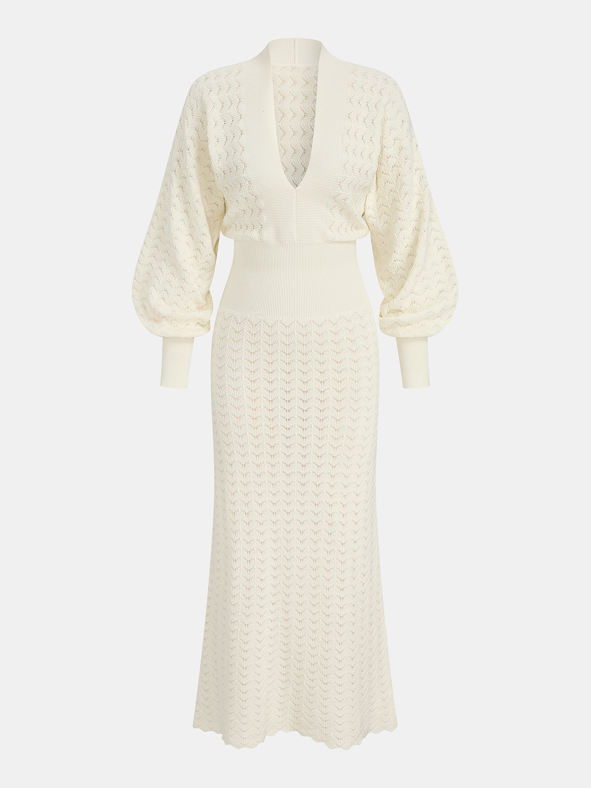 Vestido comprido de malha pointelle com mangas balão para mulher - vestido macio de decote em V e malha aberta para um estilo elegante na primavera e no verão