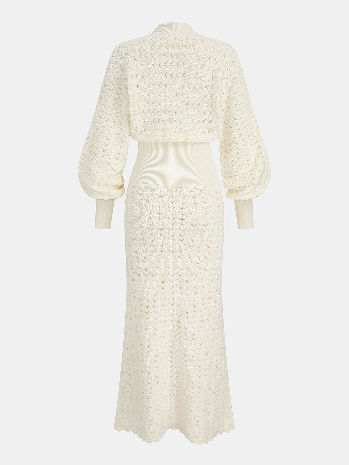 Vestido comprido de malha pointelle com mangas balão para mulher - vestido macio de decote em V e malha aberta para um estilo elegante na primavera e no verão