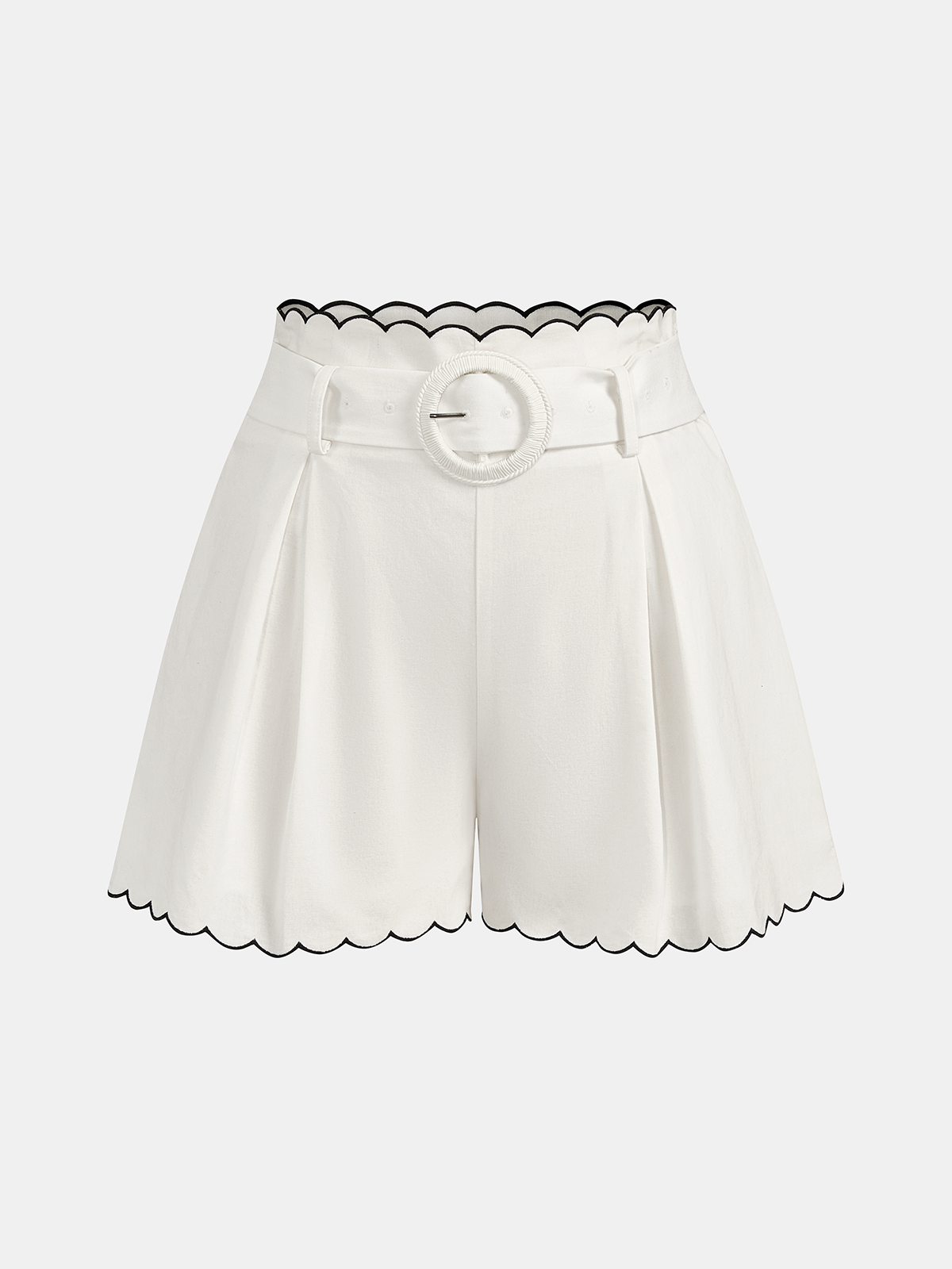 Set de vară din două piese pentru femei, din bumbac, cu bordură festonată - bluză cu mâneci bufante și nasturi în față și pantaloni scurți croiți cu talie înaltă pentru ținute smart casual