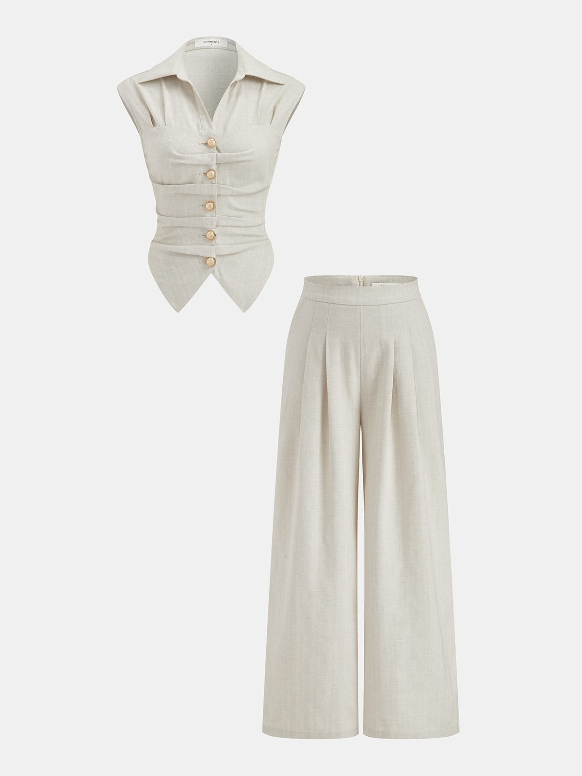 Mouwloze getailleerde damesblouse met knoopsluiting aan de voorkant en geplooide wijde broek, set – Lichtgewicht zomeroutfit van katoen-linnenmix