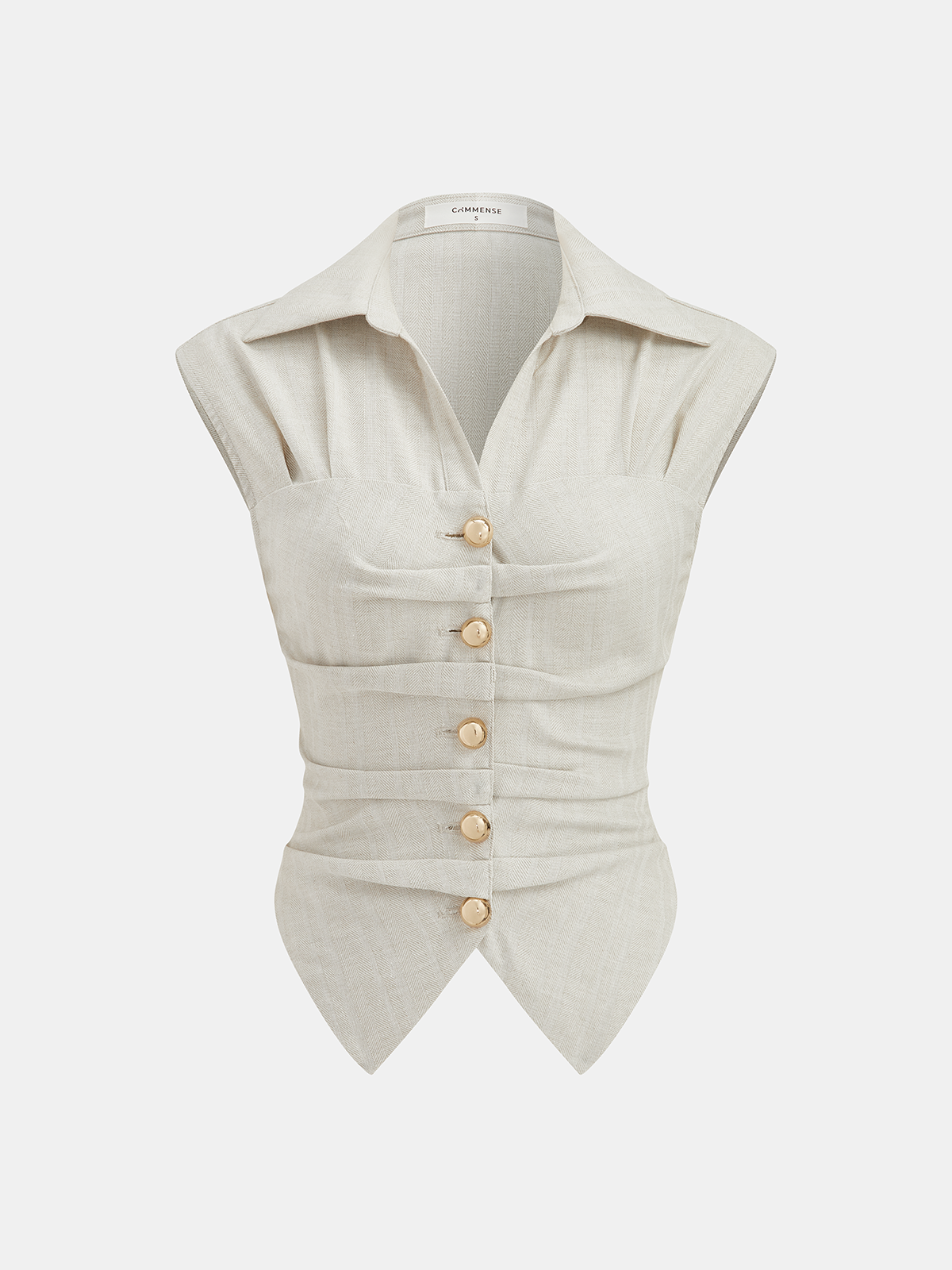 Mouwloze getailleerde damesblouse met knoopsluiting aan de voorkant en geplooide wijde broek, set – Lichtgewicht zomeroutfit van katoen-linnenmix