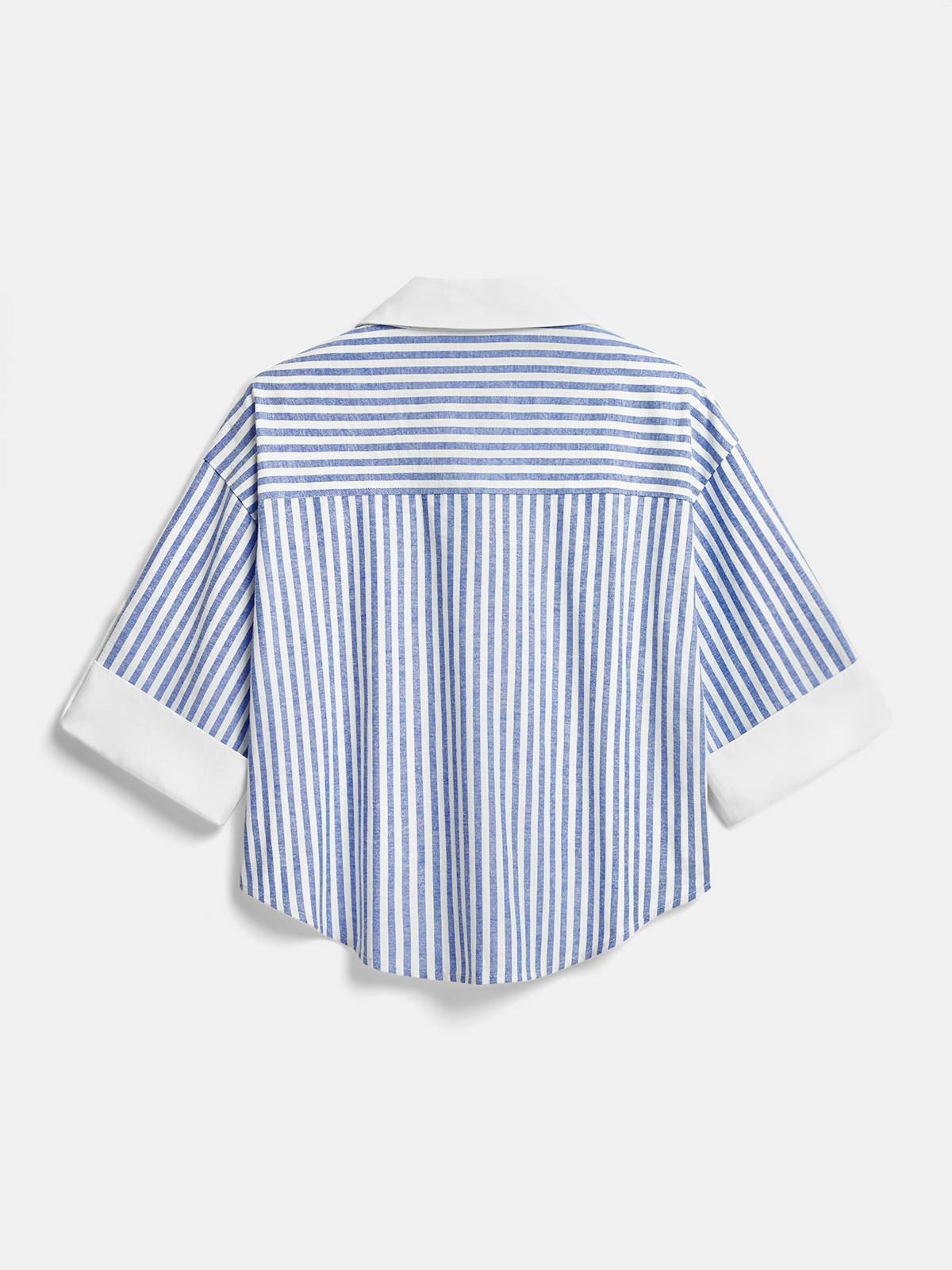 Camisa de mujer a rayas con nudo delantero y manga corta – Corte corto y holgado con cuello en contraste y puños vueltos