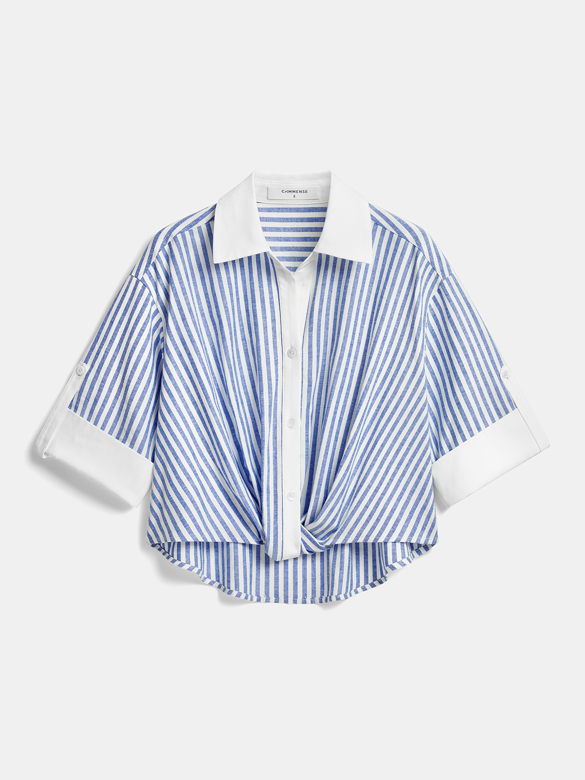 Camisa de mujer a rayas con nudo delantero y manga corta – Corte corto y holgado con cuello en contraste y puños vueltos