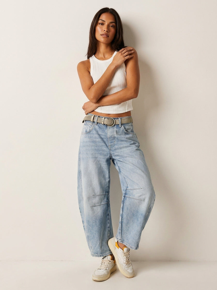 Jeans donna a gamba larga rilassata con vita alta