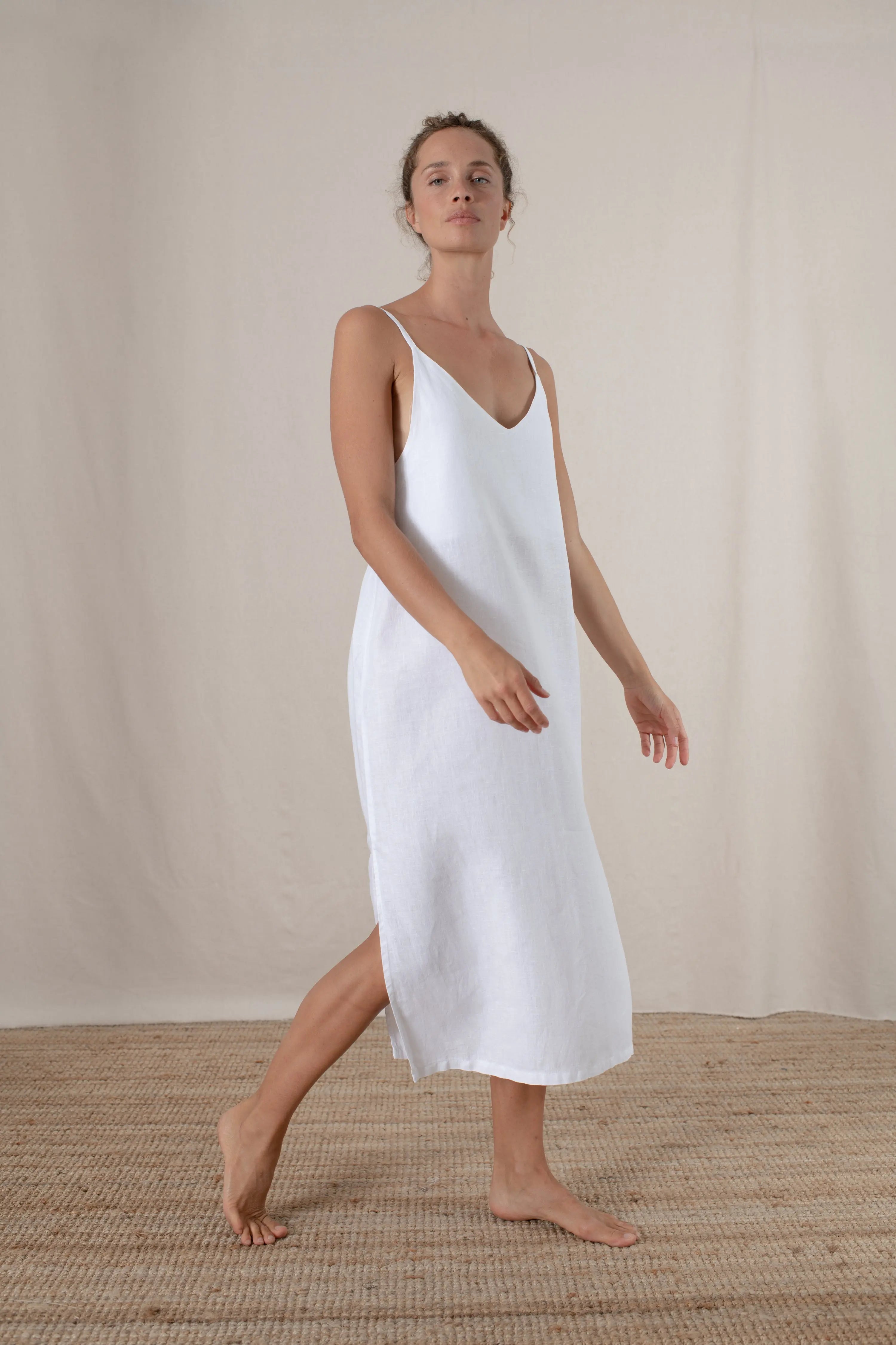 Vestido midi de lino para mujer con abertura lateral, ropa de verano