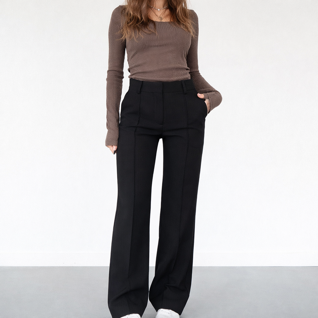 Pantalon droit taille haute pour femme, pantalon habillé avec plis sur le devant et poches latérales