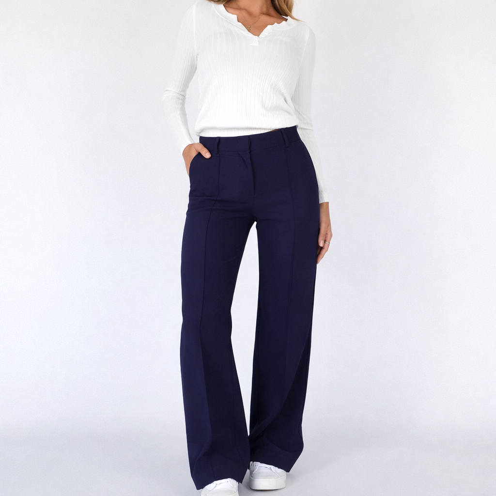 Pantalon droit taille haute pour femme, pantalon habillé avec plis sur le devant et poches latérales