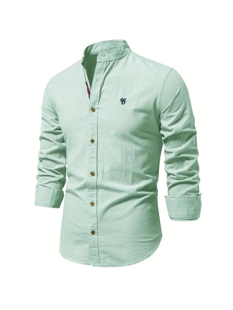 Men’s Stand Collar Linen Shirt Tailored Long Sleeve Button-Up